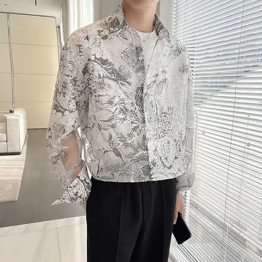 Men Summer Hollow Flowers Organza See Through Long Sleeve Vintage Loose Casual Shirts Women Oversize Blouses Party Dress Shirt - TALKLESSFASHION