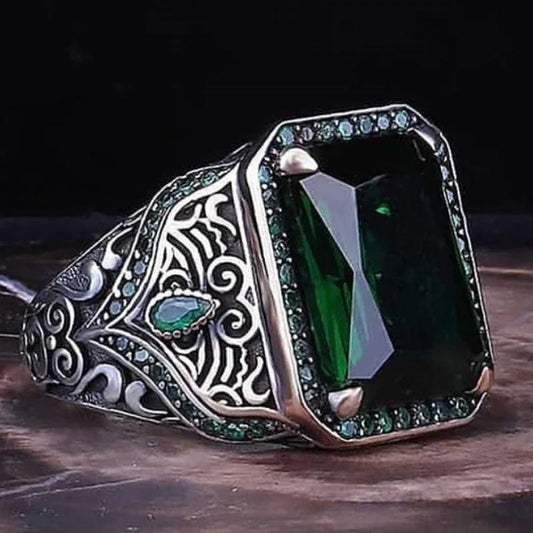 Retro Handmade Carving Punk Rings for Men Trendy Silver Color Metal Square Inlaid Green Zircon Rings Jewelry - TALKLESSFASHION