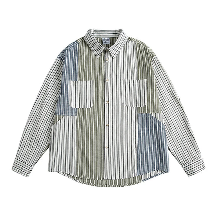 Stripe Splice Shirt Men Japnese Streetwear Fashion Loose Casual Long Sleeve Shirts Cityboy Oversize Cargo Shirts Blouses - TALKLESSFASHION