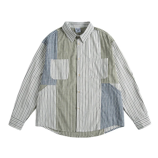 Stripe Splice Shirt Men Japnese Streetwear Fashion Loose Casual Long Sleeve Shirts Cityboy Oversize Cargo Shirts Blouses - TALKLESSFASHION