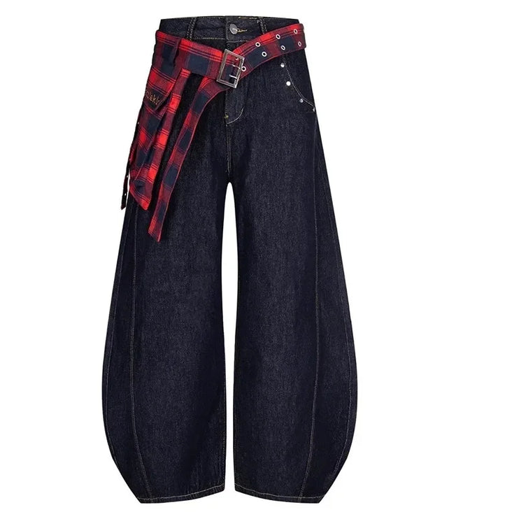 TALKLESS Washed Plaid Belt Barrel Jeans—5227 - TALKLESSFASHION