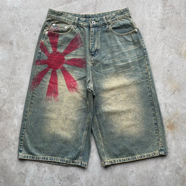 Retro Printing Washed Denim Shorts - TALKLESSFASHION