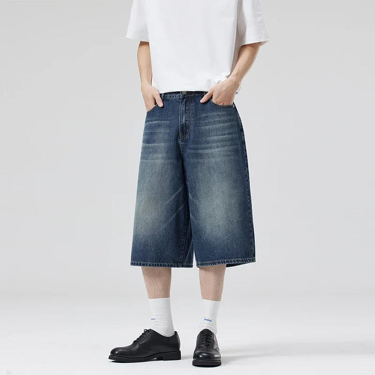 2025 Summer American Lightning Crack Denim Cropped Pants Men's Straight Loose Wide-leg Shorts Street Baggy Casual Pants - TALKLESSFASHION