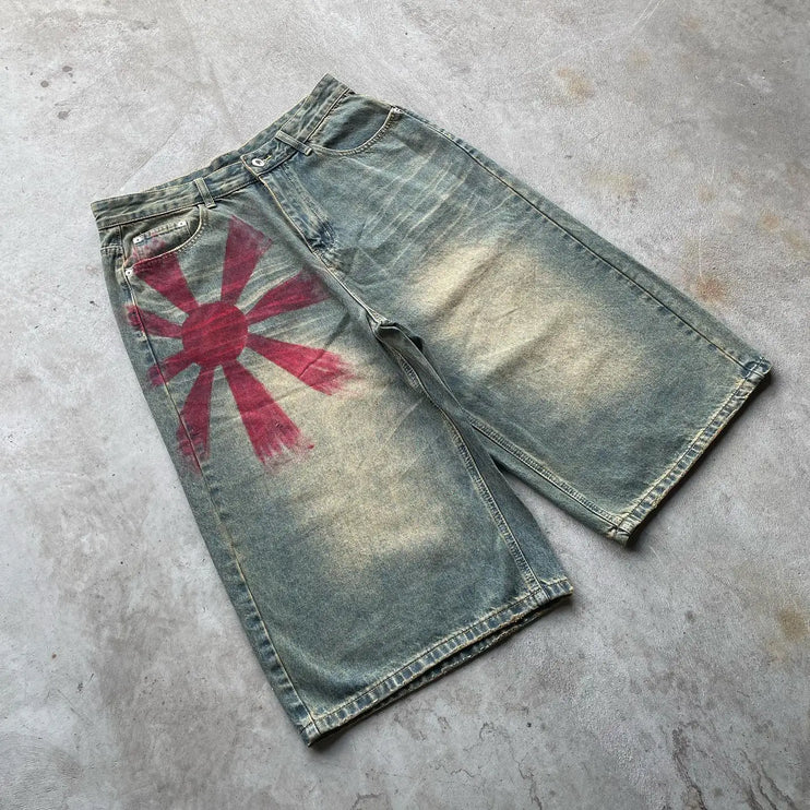 Retro Printing Washed Denim Shorts - TALKLESSFASHION