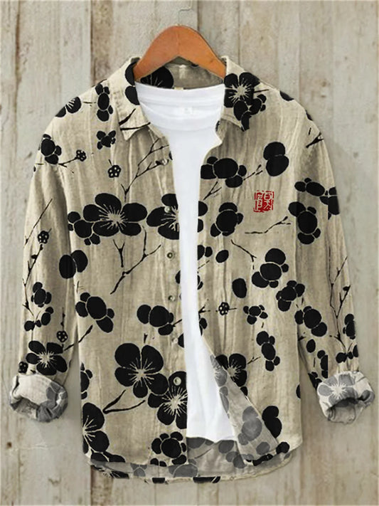 Sakura Japanese Vintage Art Linen Blended Shirt, Casual Polo Collar Cardigan, Button Shirt, Plus Size, Spring, Summer, New - TALKLESSFASHION