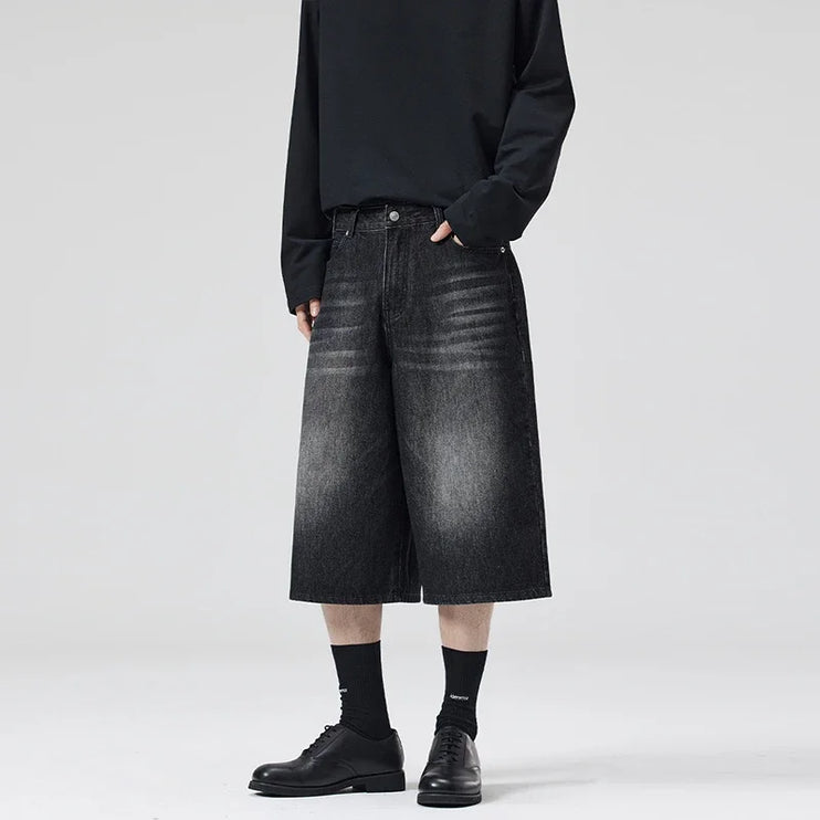 2025 Summer American Lightning Crack Denim Cropped Pants Men's Straight Loose Wide-leg Shorts Street Baggy Casual Pants - TALKLESSFASHION