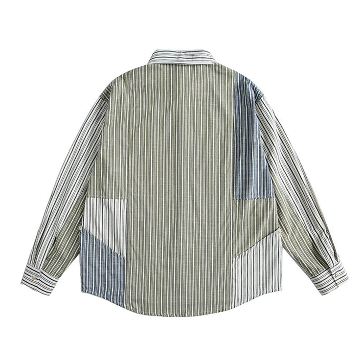 Stripe Splice Shirt Men Japnese Streetwear Fashion Loose Casual Long Sleeve Shirts Cityboy Oversize Cargo Shirts Blouses - TALKLESSFASHION