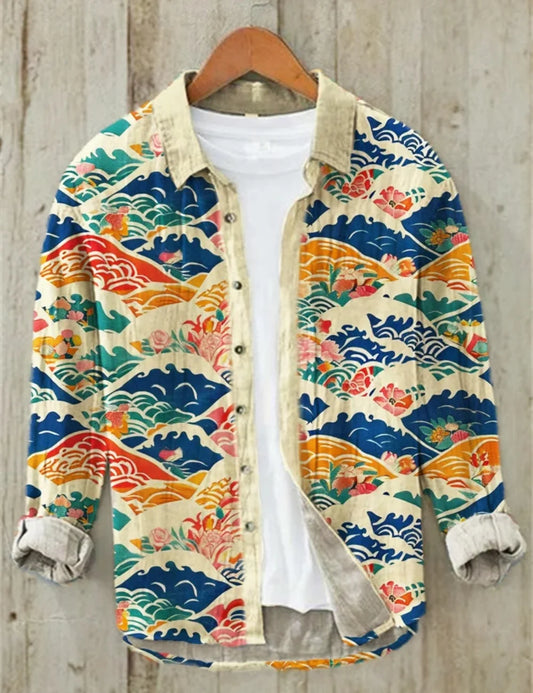 Men's long-sleeve linen printed shirt with traditional wave pattern art, Hawaiian shirt, men's shirt, oversized design 2025. - TALKLESSFASHION