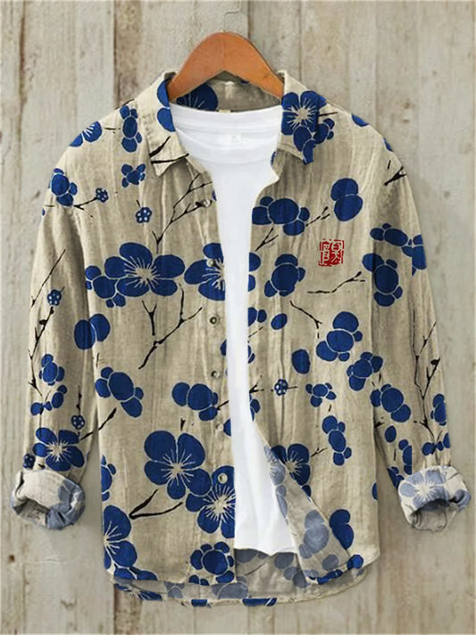 Sakura Japanese Vintage Art Linen Blended Shirt, Casual Polo Collar Cardigan, Button Shirt, Plus Size, Spring, Summer, New - TALKLESSFASHION