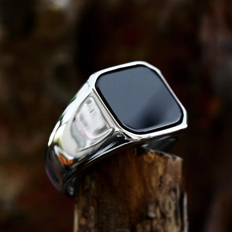 Retro Flat Square Black Glass Onyx Ring -----2036 - TALKLESSFASHION
