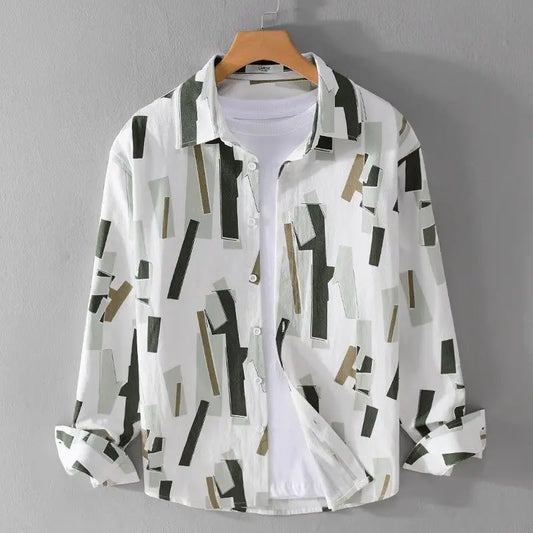 Summer Men's 2024 New Splicing Square Collar Button Pocket Printed Trendy Minimalist Casual Loose Fashion Long Sleeve Shirts - TALKLESSFASHION
