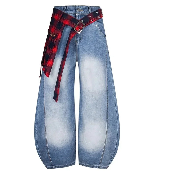 TALKLESS Washed Plaid Belt Barrel Jeans—5227 - TALKLESSFASHION