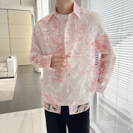 Men Summer Hollow Flowers Organza See Through Long Sleeve Vintage Loose Casual Shirts Women Oversize Blouses Party Dress Shirt - TALKLESSFASHION