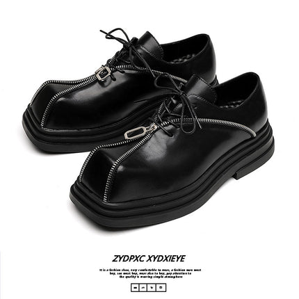Thick Bottom Square Toe Men's Trendy Unique Punk Zipper Design Trendy Black Business Leather Shoes - TALKLESSFASHION