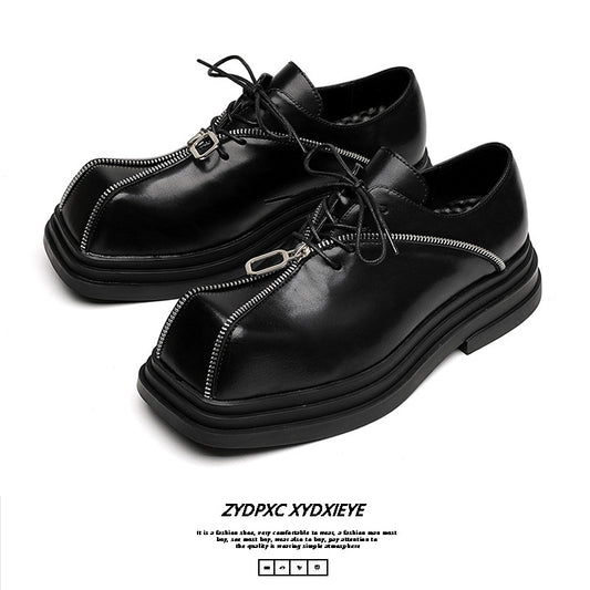 Thick Bottom Square Toe Men's Trendy Unique Punk Zipper Design Trendy Black Business Leather Shoes - TALKLESSFASHION