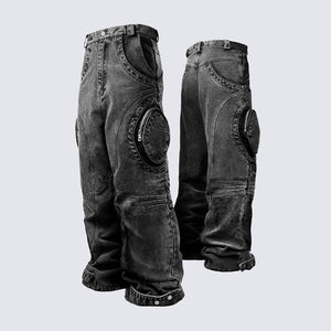 Black Ripped Design Zipper jeans—7059