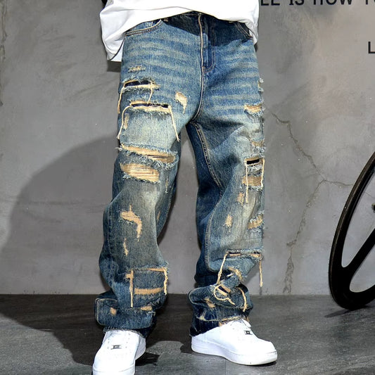 American Streetwear Hand Sewn Patch Ripped Jeans for Men Skateboard Baggy Denim Straight Leg Pants Harajuku Fashion Trousers
