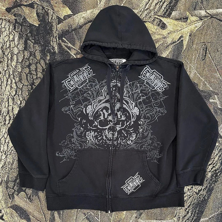 Punk Dark Skull Printed Zip-Up Hoodie—1084 - TALKLESSFASHION