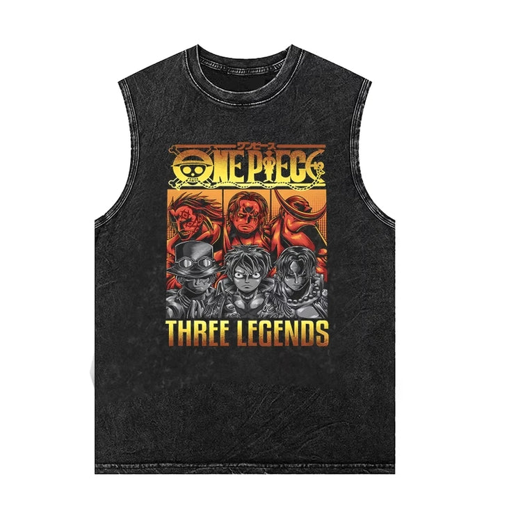 Vintage Heavyweight Washed Cotton Retro Aged Sleeveless T-Shirt One Piece Anime Mens Womens Summer Trendy Brand Vest Tank Top