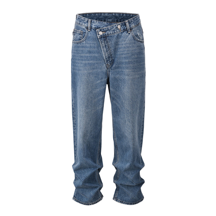 Slant Placket Distressed Straight Jeans—8790 - TALKLESSFASHION