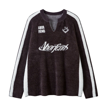 TKPA American Retro Color Matching Letters Jacquard V-neck Comfortable Knitwear - TALKLESSFASHION