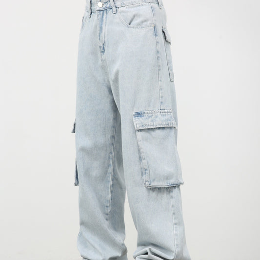 Retro Washed Light Blue Cargo Jeans —9810 - TALKLESSFASHION