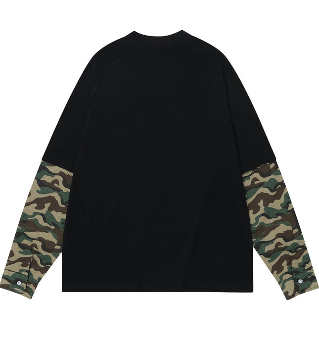 False Two-piece Patchwork Camouflage Long Sleeve Loose T-shirt Men - TALKLESSFASHION