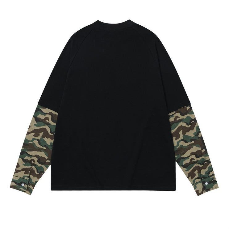 False Two-piece Patchwork Camouflage Long Sleeve Loose T-shirt Men - TALKLESSFASHION