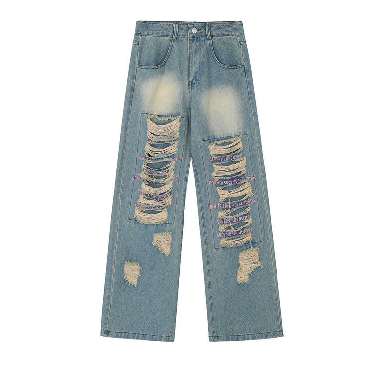 Beggar Ripped Patch Embroidered Letter Jeans - TALKLESSFASHION