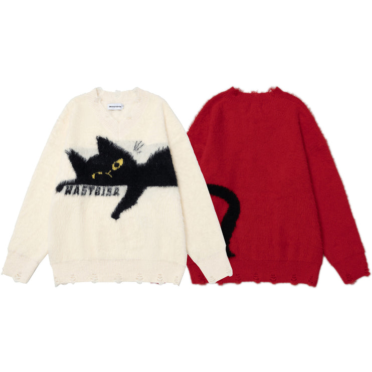 Retro Sleeping Cat Sweater—1811 - TALKLESSFASHION