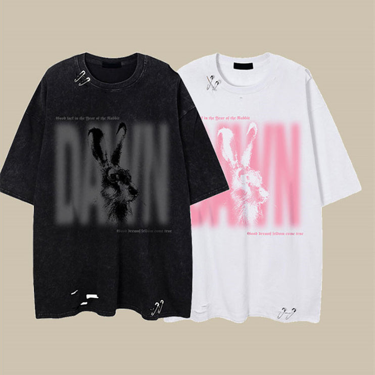 Knife Cut Hole Black Washed T-Shirt--4567 - TALKLESSFASHION