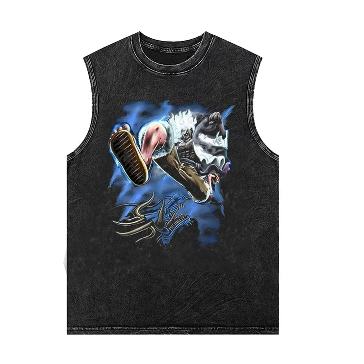 Vintage Heavyweight Washed Cotton Retro Aged Sleeveless T-Shirt One Piece Anime Mens Womens Summer Trendy Brand Vest Tank Top