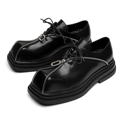 Thick Bottom Square Toe Men's Trendy Unique Punk Zipper Design Trendy Black Business Leather Shoes - TALKLESSFASHION