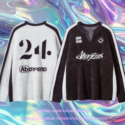 TKPA American Retro Color Matching Letters Jacquard V-neck Comfortable Knitwear - TALKLESSFASHION