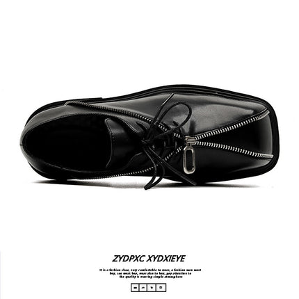 Thick Bottom Square Toe Men's Trendy Unique Punk Zipper Design Trendy Black Business Leather Shoes - TALKLESSFASHION