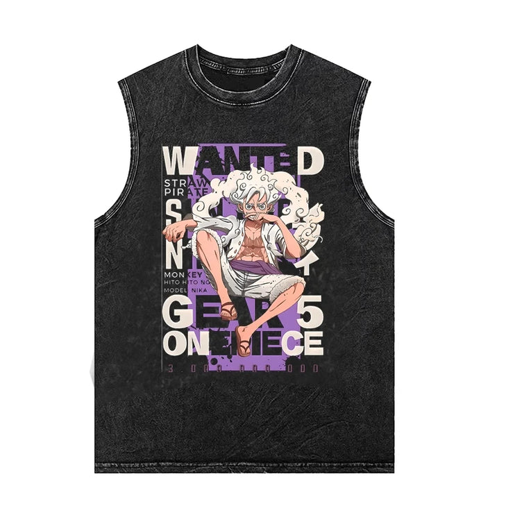 Vintage Heavyweight Washed Cotton Retro Aged Sleeveless T-Shirt One Piece Anime Mens Womens Summer Trendy Brand Vest Tank Top