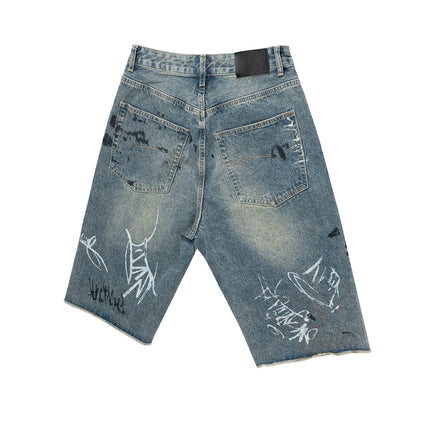 Graffiti Ripped Seven Quarter Denim Shorts --3424 - TALKLESSFASHION