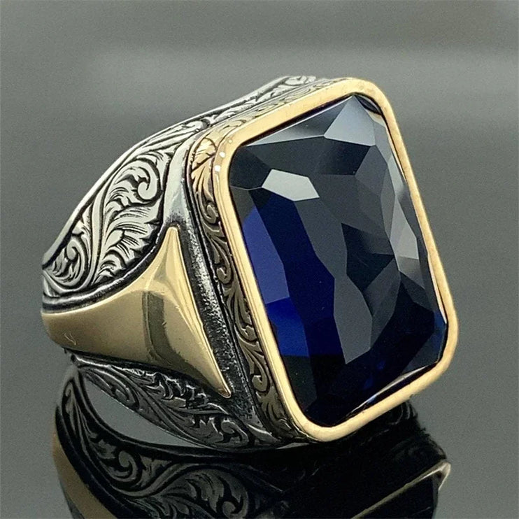 Square Geometry Grave Gold Silver Color Blue Stone Rings------5384 - TALKLESSFASHION