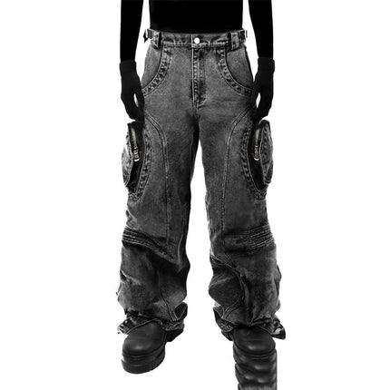 Black Ripped Design Zipper jeans—7059