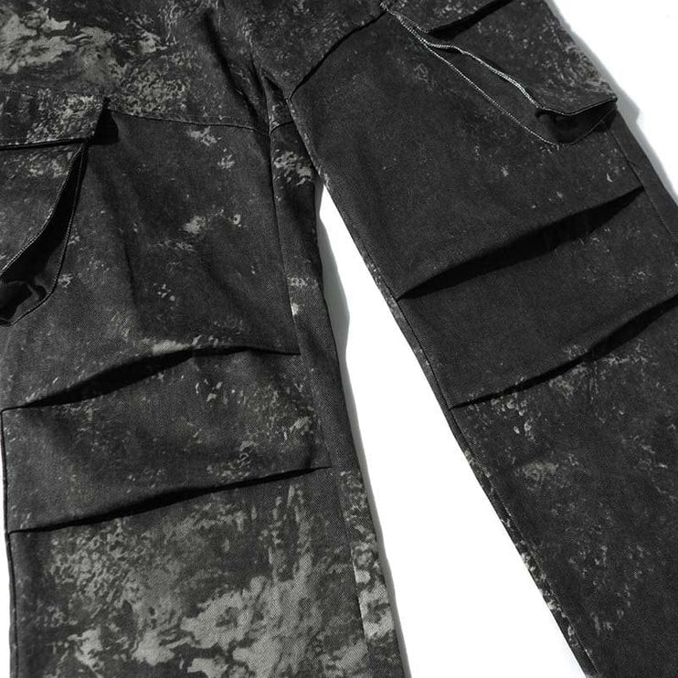 Mein Shop 0 Men's High Street American Splash-ink Distressed Pleated Multi-pocket Cargo Pants