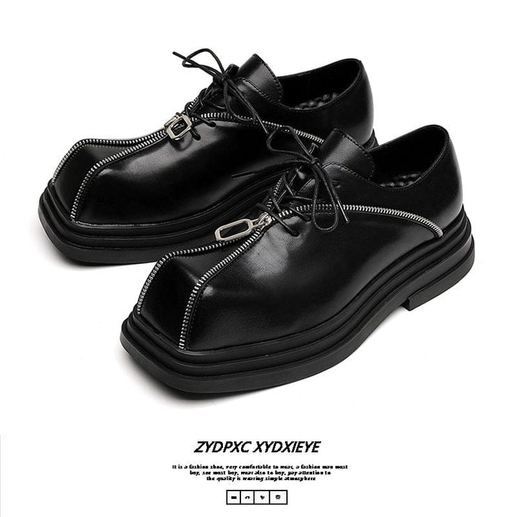 Mein Shop 0 Thick Bottom Square Toe Men's Trendy Unique Punk Zipper Design Trendy Black Business Leather Shoes
