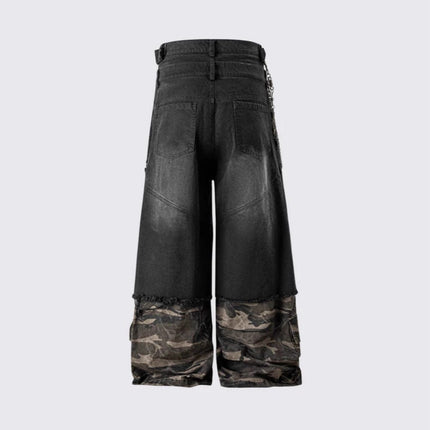 TALKLESSFASHION 2025 American High Street RO Style Heavy Washed Camouflage Embroidered Jeans Fake Two Wide-Leg Pants