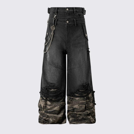 TALKLESSFASHION 2025 American High Street RO Style Heavy Washed Camouflage Embroidered Jeans Fake Two Wide-Leg Pants