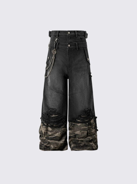 TALKLESSFASHION 2025 American High Street RO Style Heavy Washed Camouflage Embroidered Jeans Fake Two Wide-Leg Pants