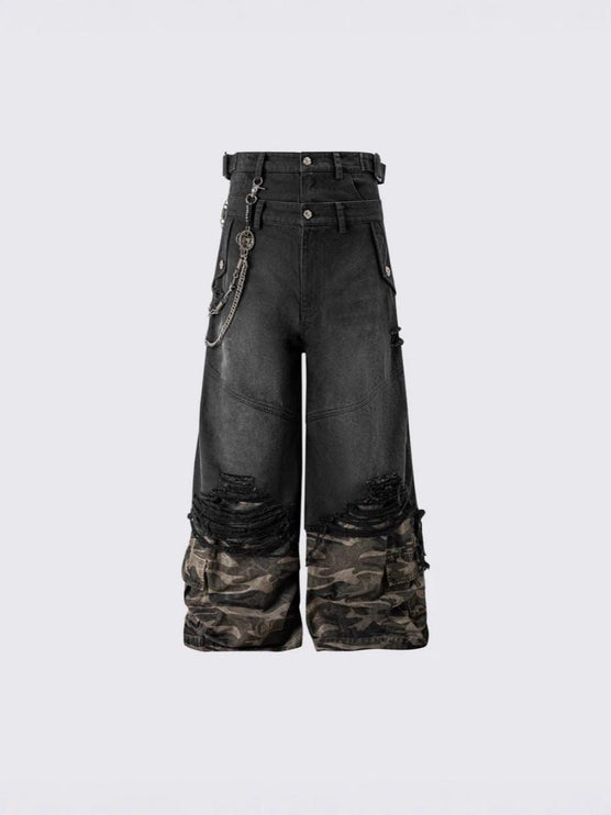 TALKLESSFASHION 2025 American High Street RO Style Heavy Washed Camouflage Embroidered Jeans Fake Two Wide-Leg Pants