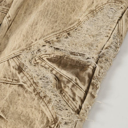 TALKLESSFASHION 2025 New Scimitar Denim Pants High Street Wasteland Style Torn Raw Edge Loose Slimming Washed Jeans