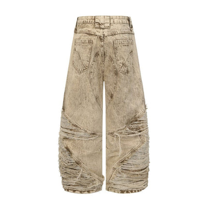 TALKLESSFASHION 2025 New Scimitar Denim Pants High Street Wasteland Style Torn Raw Edge Loose Slimming Washed Jeans