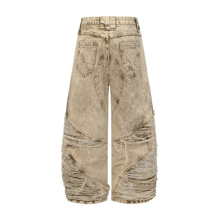 TALKLESSFASHION 2025 New Scimitar Denim Pants High Street Wasteland Style Torn Raw Edge Loose Slimming Washed Jeans