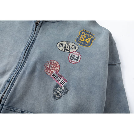 TALKLESSFASHION 27362 American trend washed and worn print design short and wide men's hooded cardigan sweatshirt jacket