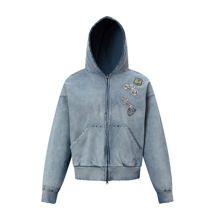 TALKLESSFASHION 27362 American trend washed and worn print design short and wide men's hooded cardigan sweatshirt jacket